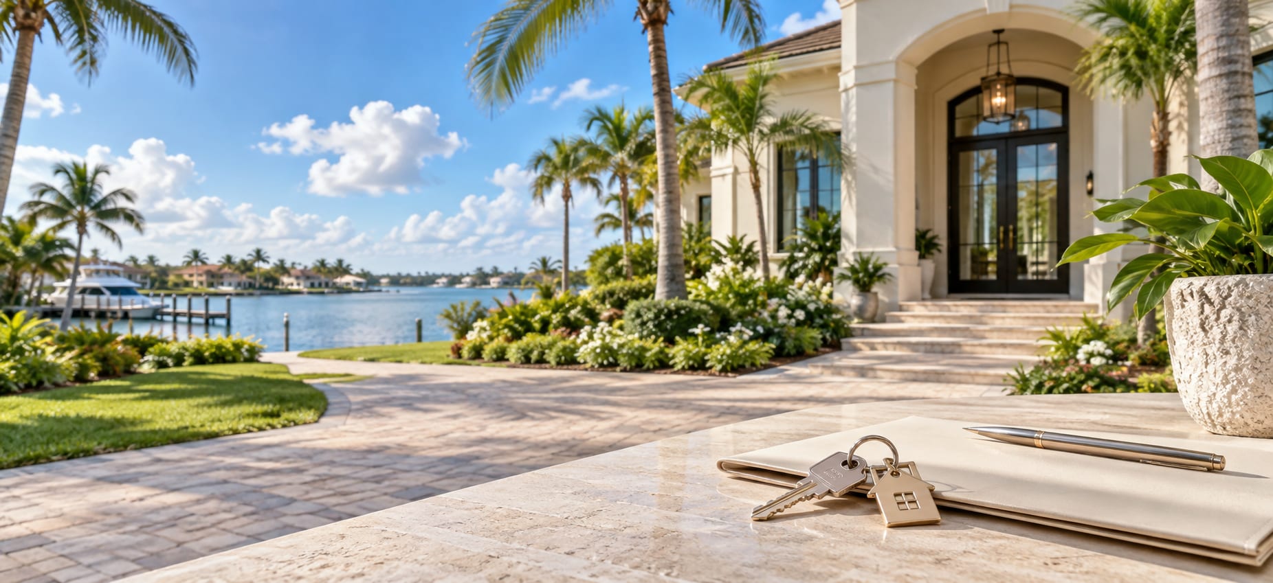 House keys and a pen on a table outside a Southwest Florida waterfront home, with a dock and boat beyond
