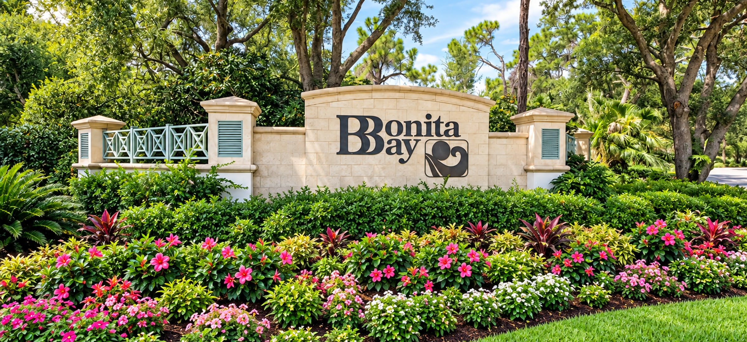 The entrance at Bonita Bay, a gated golf community in Bonita Springs, Florida, on the bay.