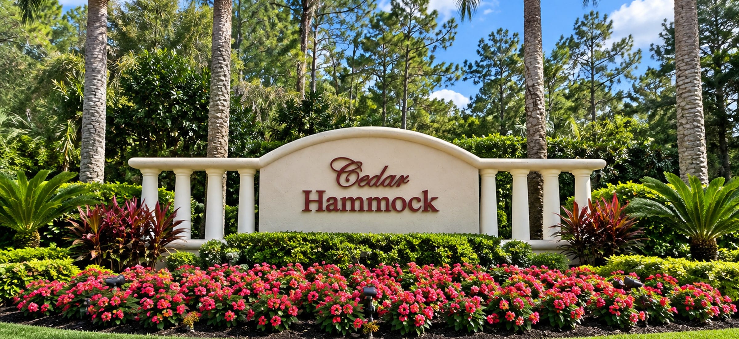 The Cedar Hammock entrance sign in Naples, Florida: dark red script on a curved stucco monument flanked by balustrades, a bank of pink flowers across the front, and sabal palms and slash pine standing in the preserve behind it.