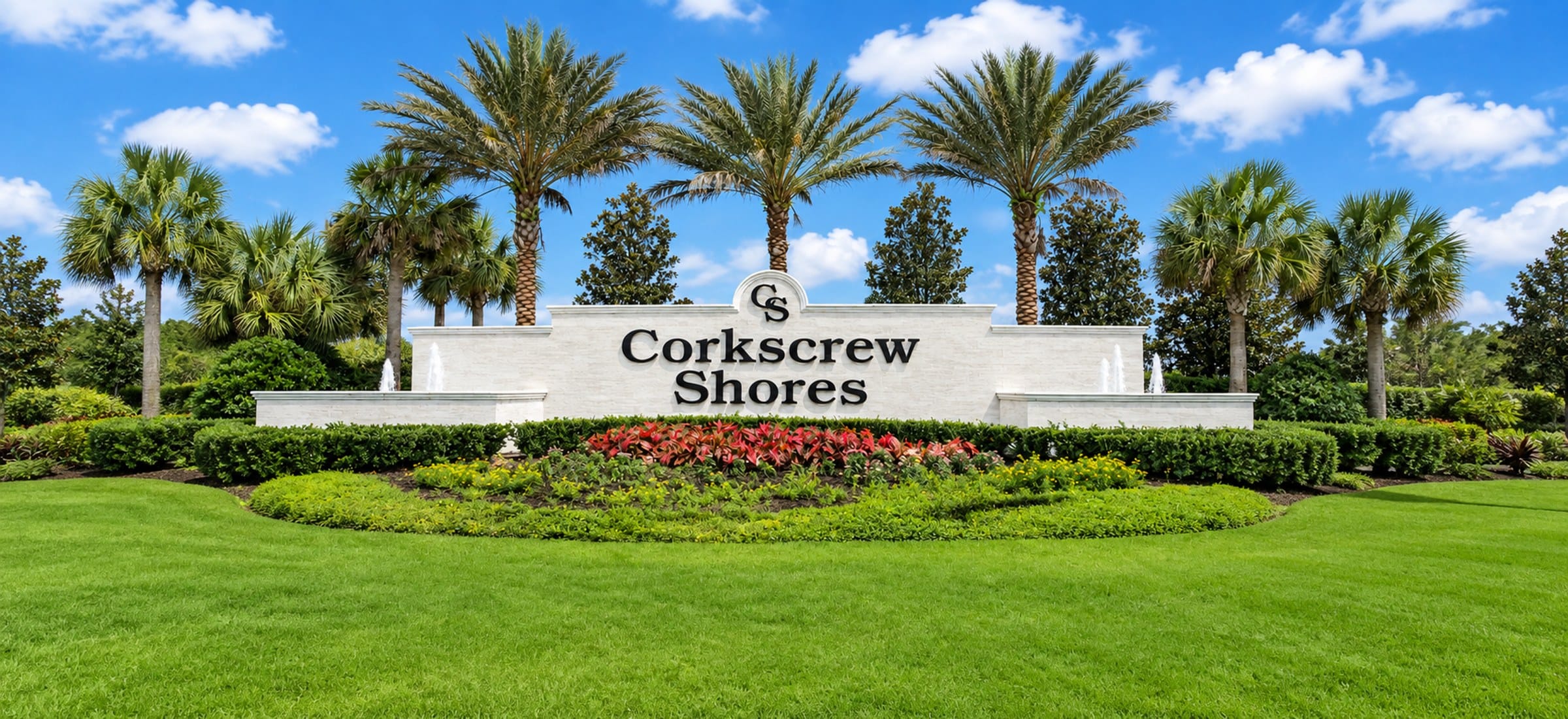 The entrance at Corkscrew Shores, a gated community in Estero, Florida, built around a lake.