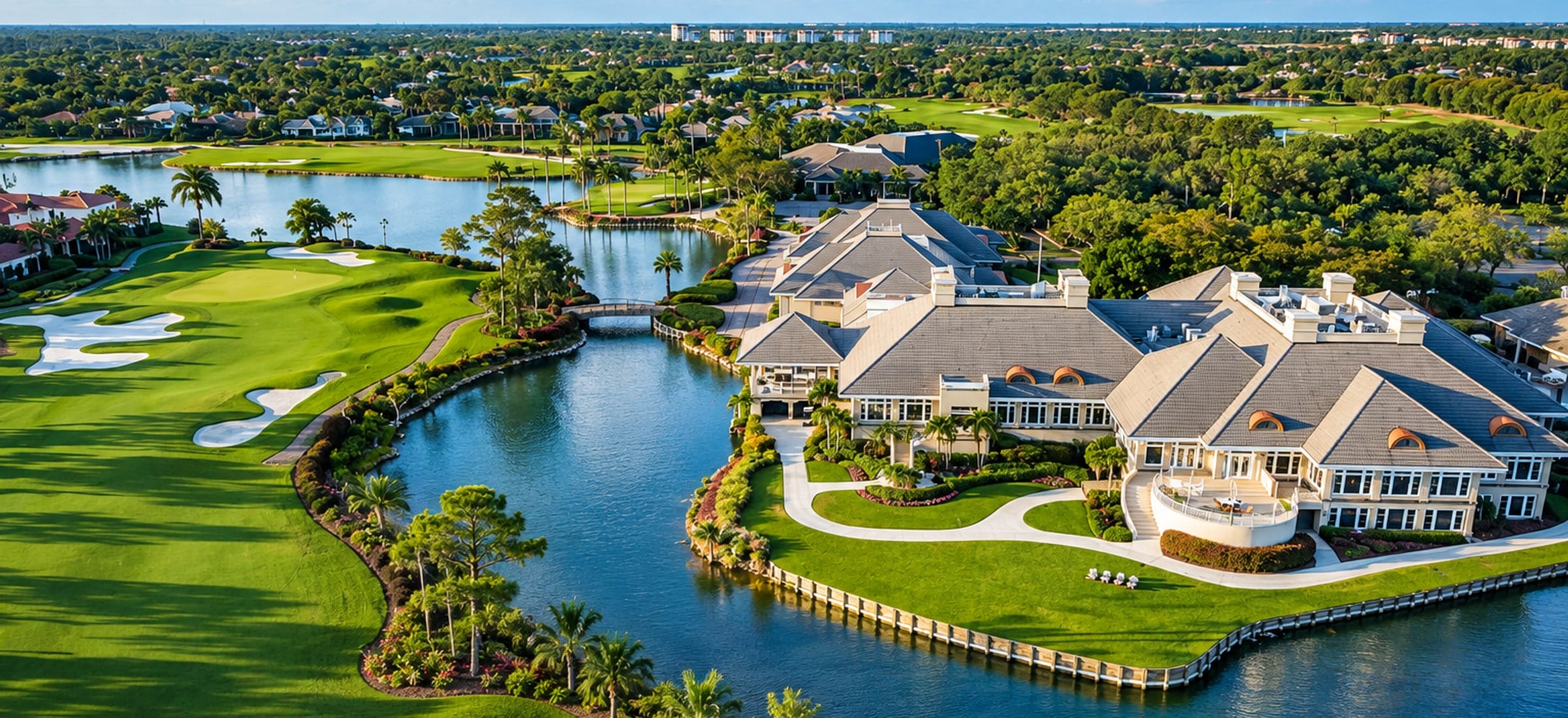 The clubhouse at Grey Oaks in Naples, Florida, from the air across one of the community's lakes, with fairways, bunkers and a green in the foreground.