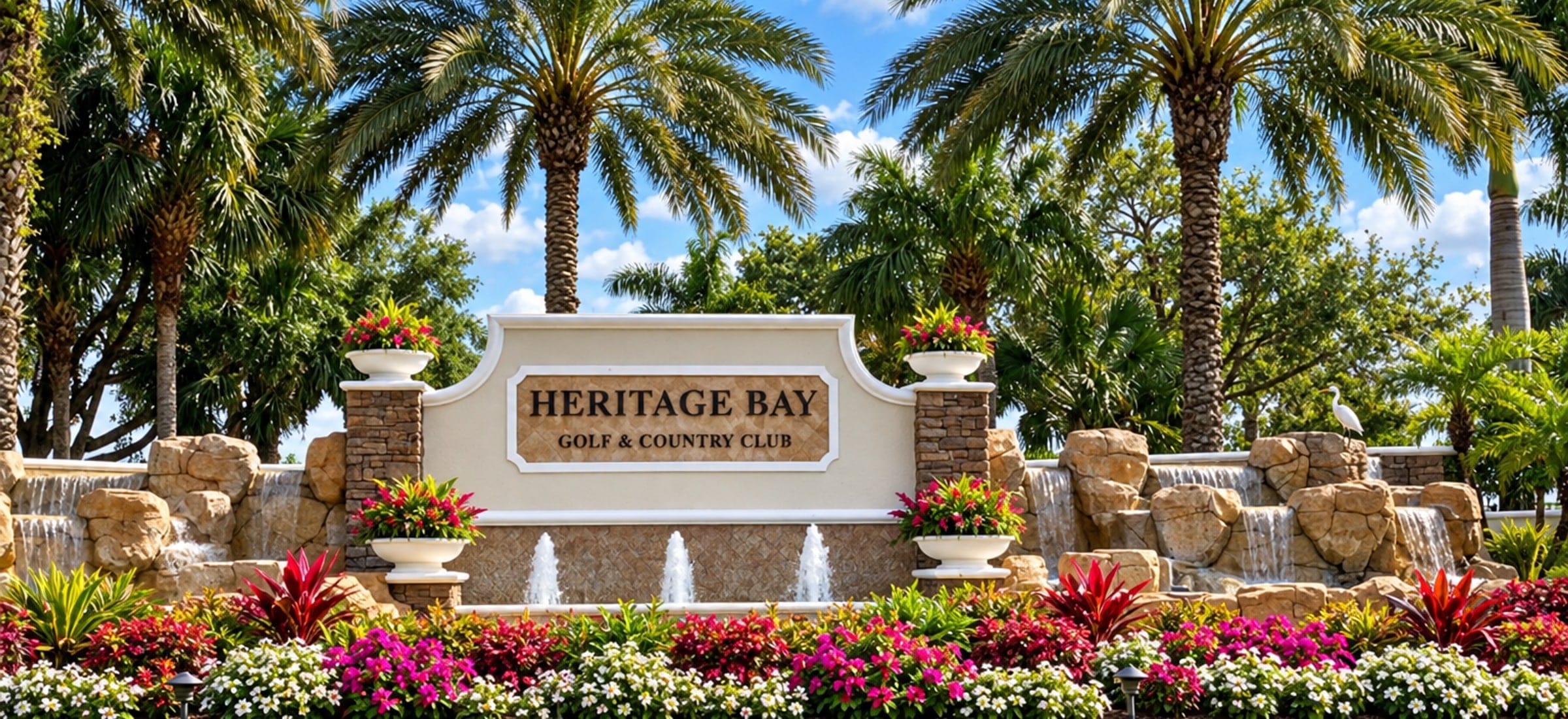 The Heritage Bay Golf and Country Club entrance in Naples, Florida: the name on a stone-framed panel above three jets of water, set between rock waterfalls and urns of flowers, with date palms behind and an egret standing on the rocks.