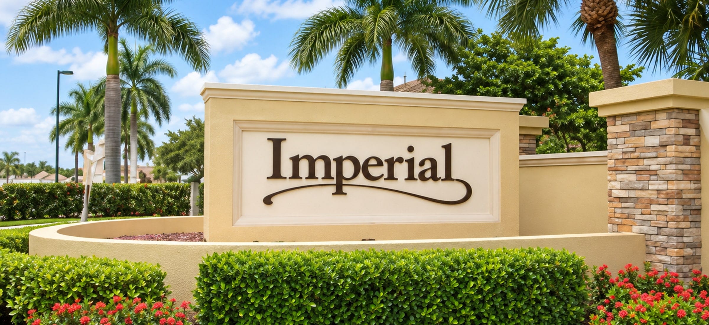 The Imperial entrance monument in North Naples, Florida: the name in dark script on a pale stucco panel with a stone pillar beside it, a clipped hedge and red ixora across the front, and royal palms behind.