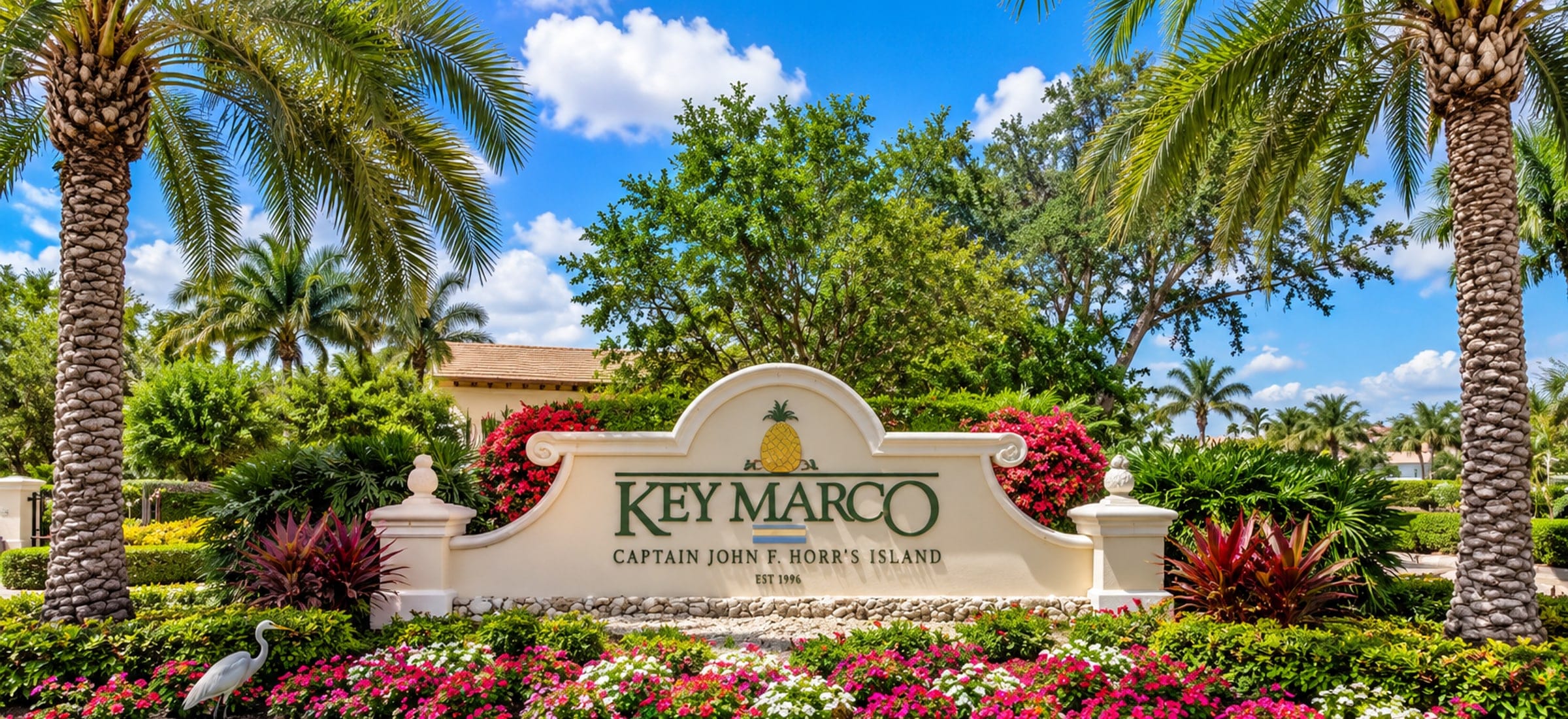 The Key Marco entrance sign on Marco Island, Florida: the name in green beneath a gold pineapple on a curved stucco monument, reading Captain John F. Horr's Island beneath it, with date palms either side, banks of flowers in front and an egret standing among them.