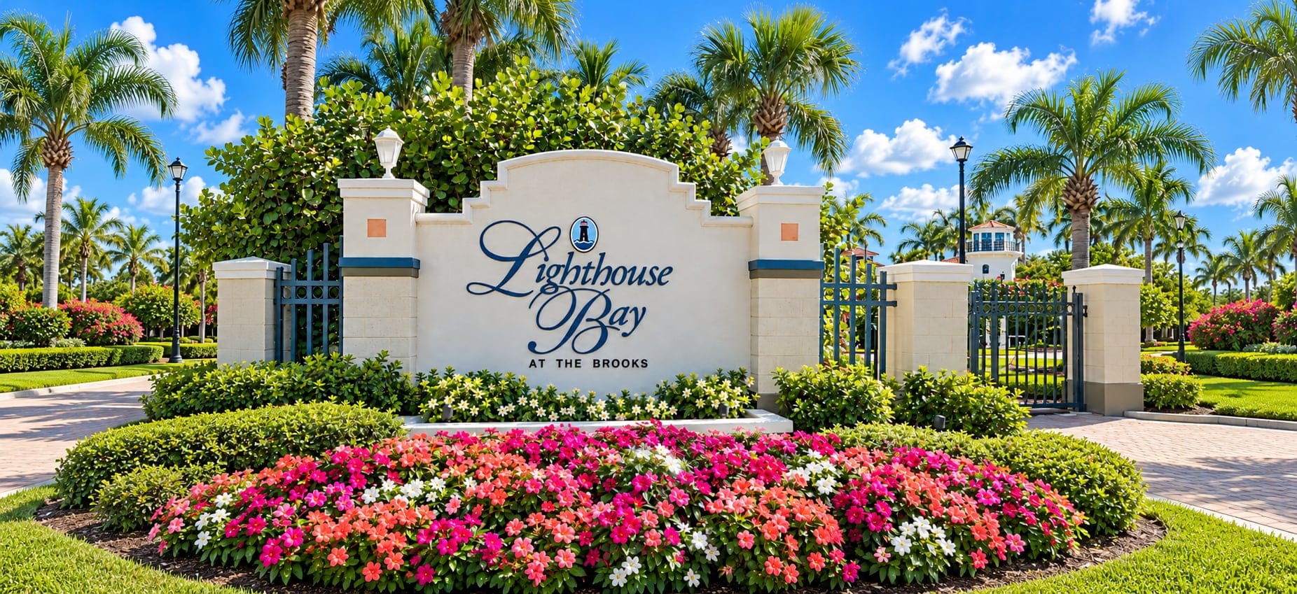 The Lighthouse Bay at The Brooks entrance sign in Estero, with its lighthouse emblem, flower beds, palms and the gated entry behind