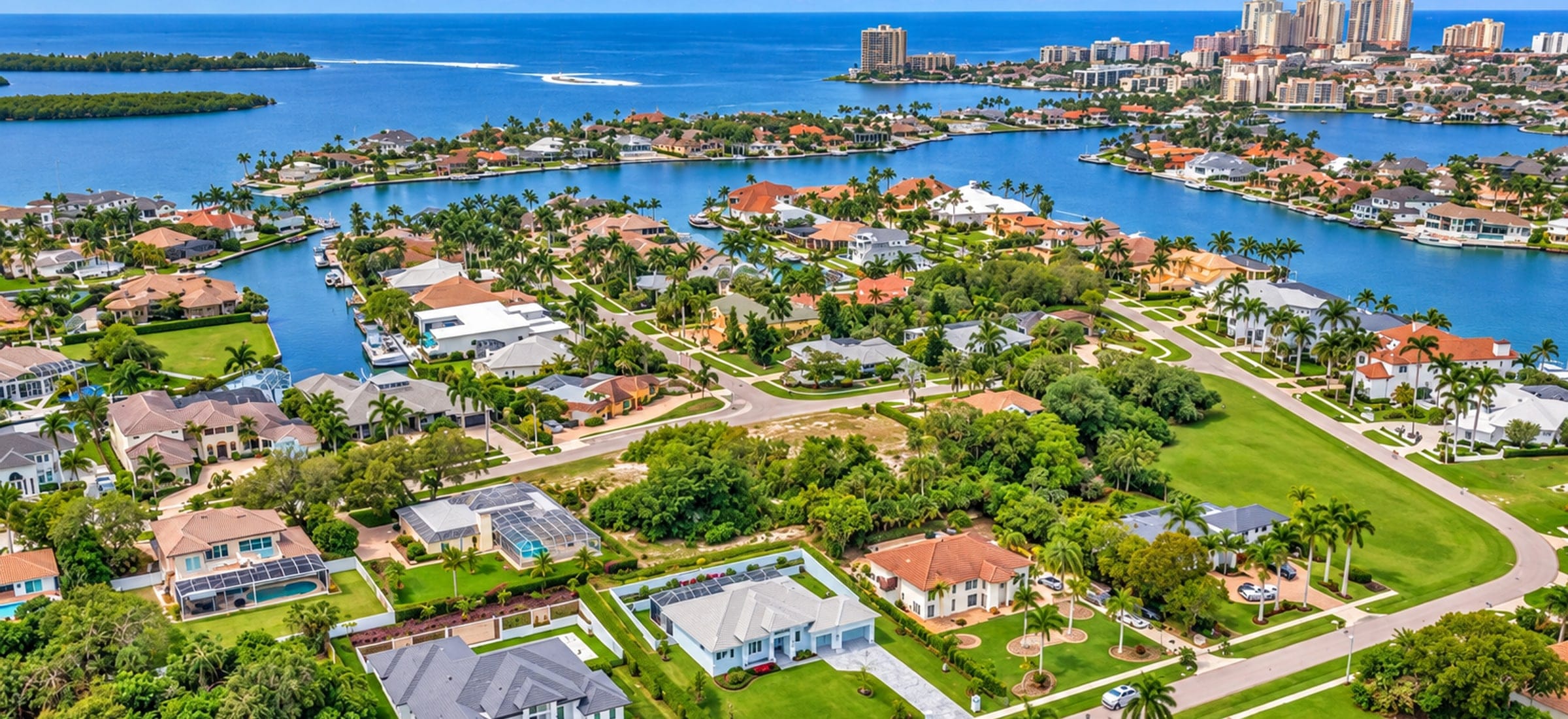 An aerial view of the Estates on Marco Island, Florida: large single-family homes on wide deep-water canals with private docks and boats behind them, generous lawns and mature palms, and the towers of the resort and beach district standing well off in the distance.