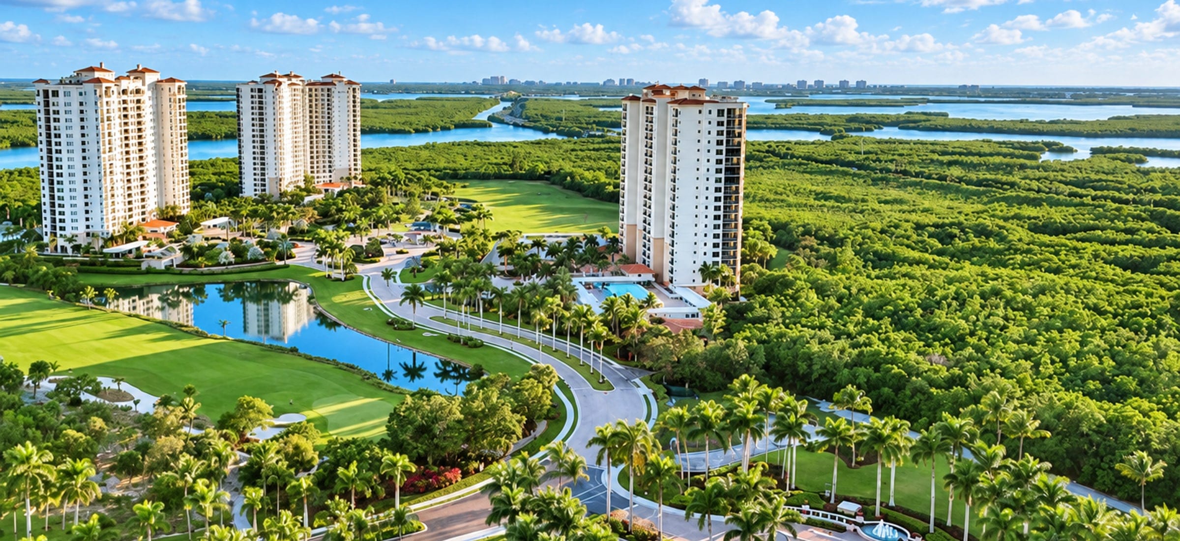 An aerial view of Marco Shores in Naples, Florida: residential towers with terracotta roofs beside a golf course and a lake, mangrove preserve and tidal waterways running out beyond them, and the distant skyline of Marco Island on the horizon.