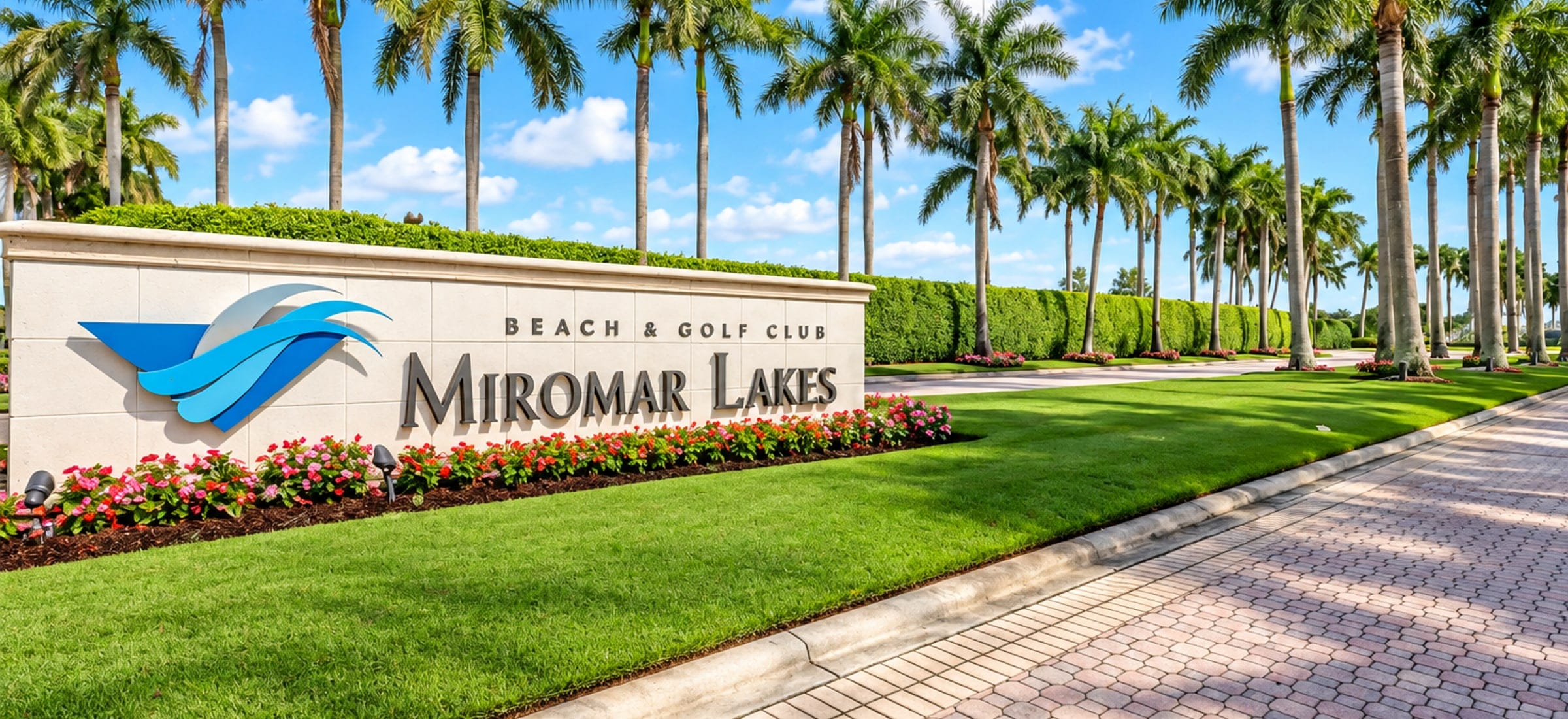 The entrance at Miromar Lakes, a gated golf community in Fort Myers, Florida, built around a lake.