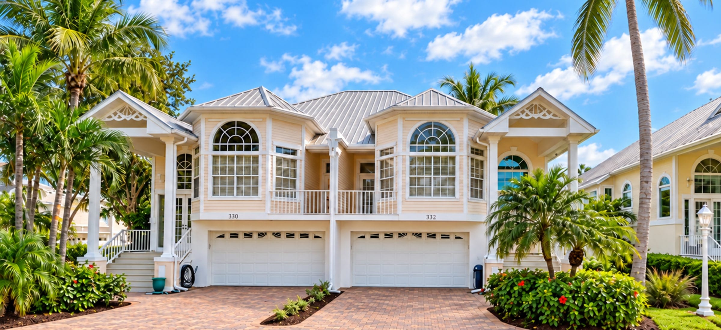 Paired two-story homes at Ostego Bay Village on Fort Myers Beach, Florida: numbers 330 and 332, living space raised a full story above ground-level garages under a standing-seam metal roof, with palms and a paver driveway in front.
