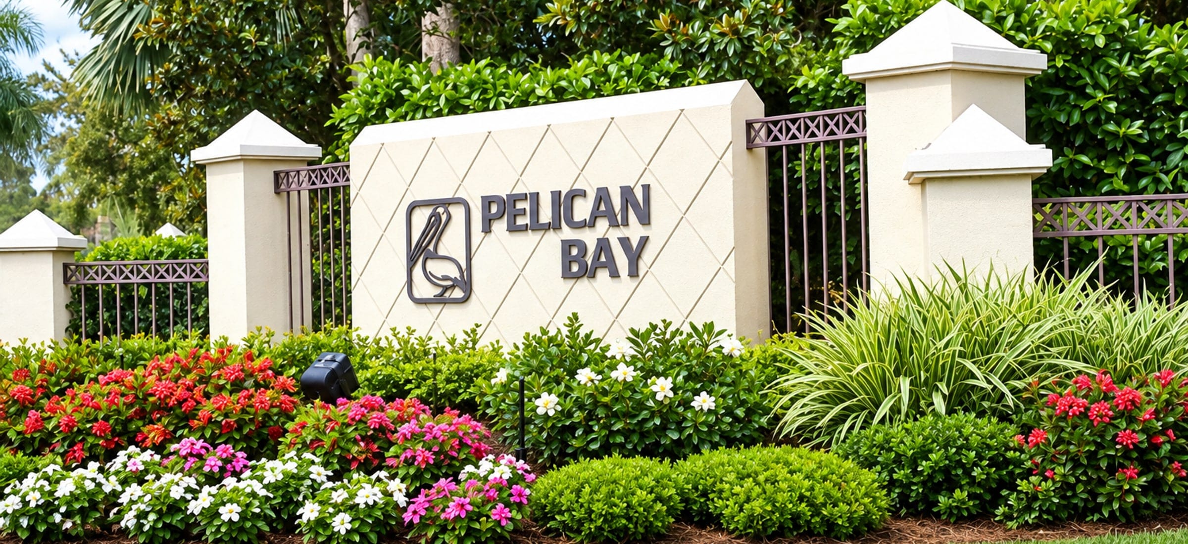 The Pelican Bay entrance monument in Naples, Florida: the pelican emblem and the name in dark metal on a pale stucco wall with a diamond lattice pattern, flanked by capped pillars and ironwork, with banked beds of red, pink and white flowers in front and magnolia behind.