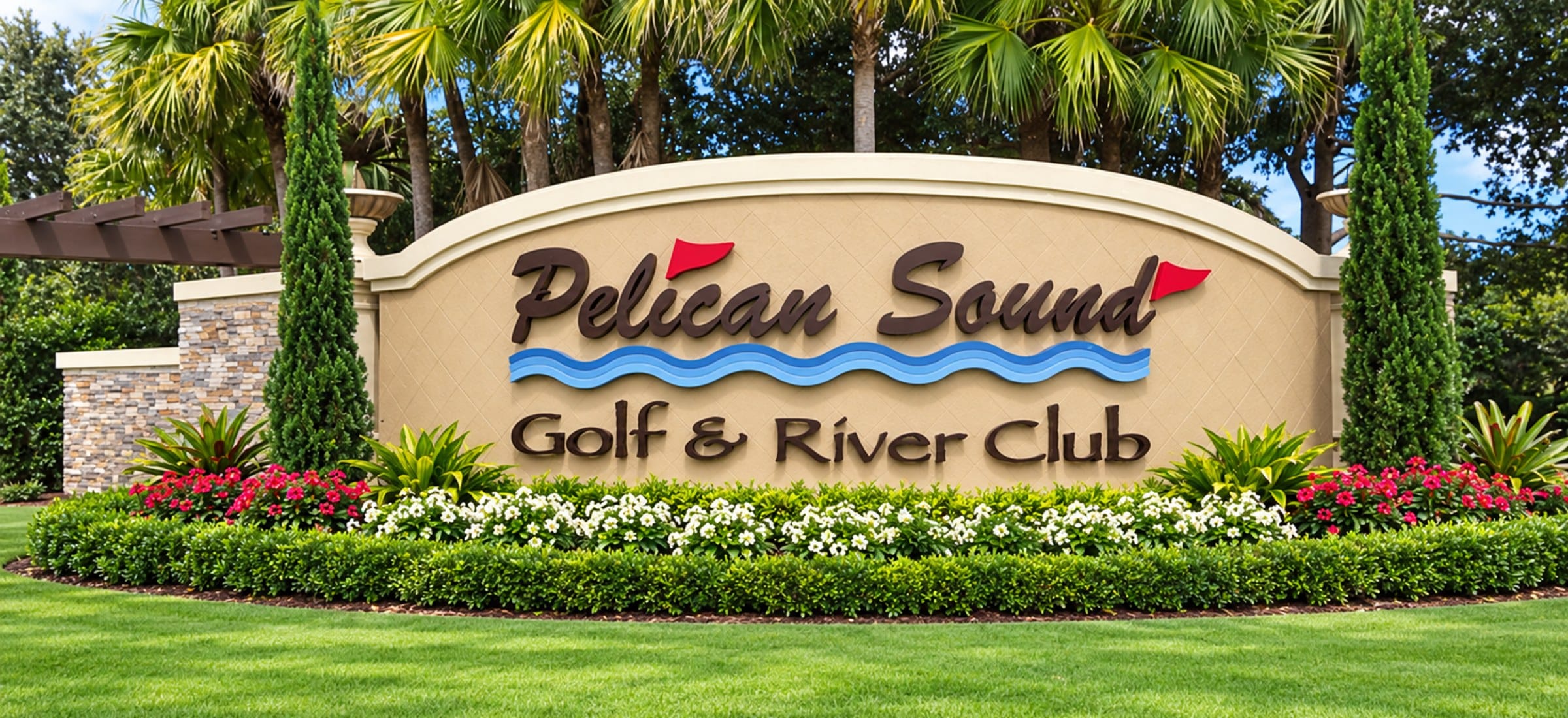 The entrance at Pelican Sound, a gated golf community in Estero, Florida, with Gulf access by boat.