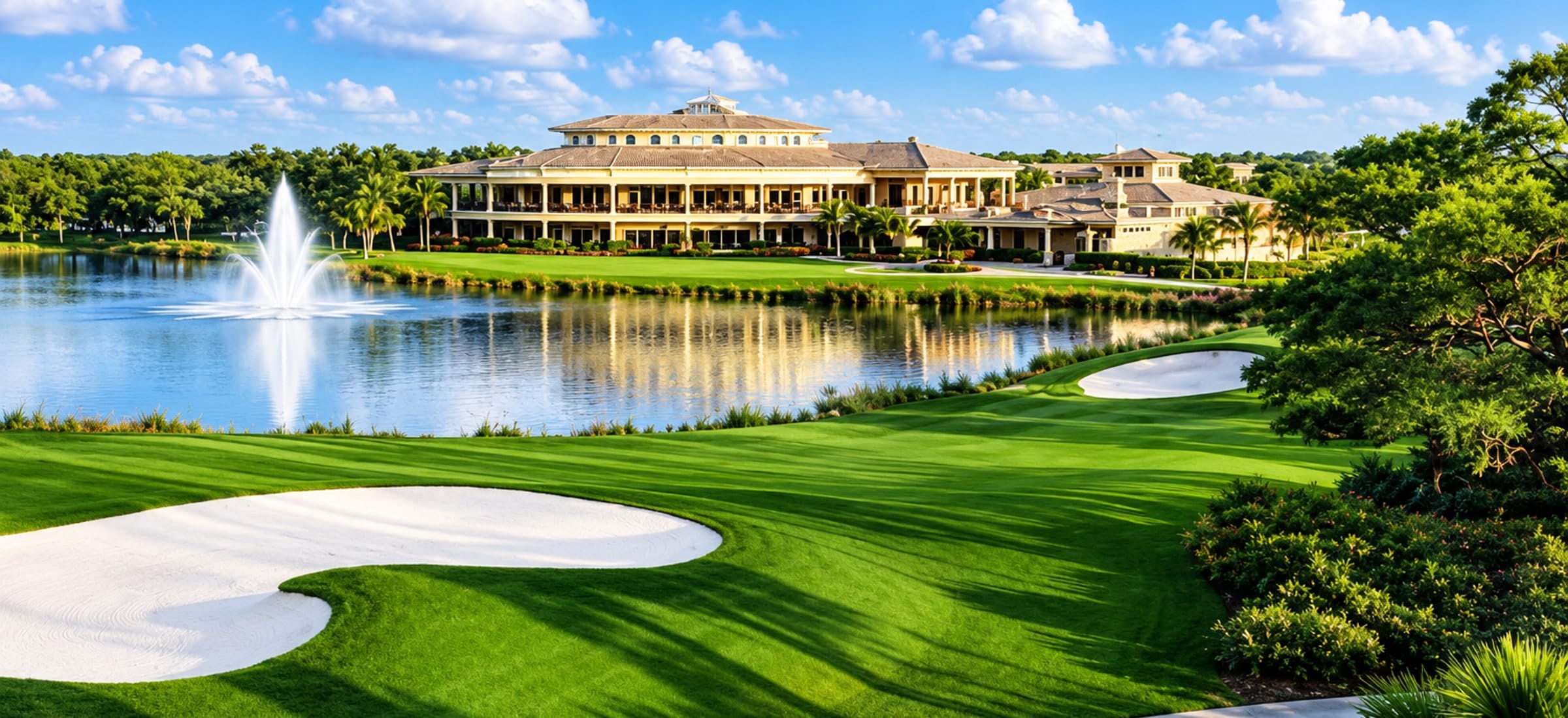 The clubhouse at The Colony Golf & Bay Club in Bonita Springs, Florida, seen across the lake and its fountain from the fairway, with a bunker and the green in the foreground.