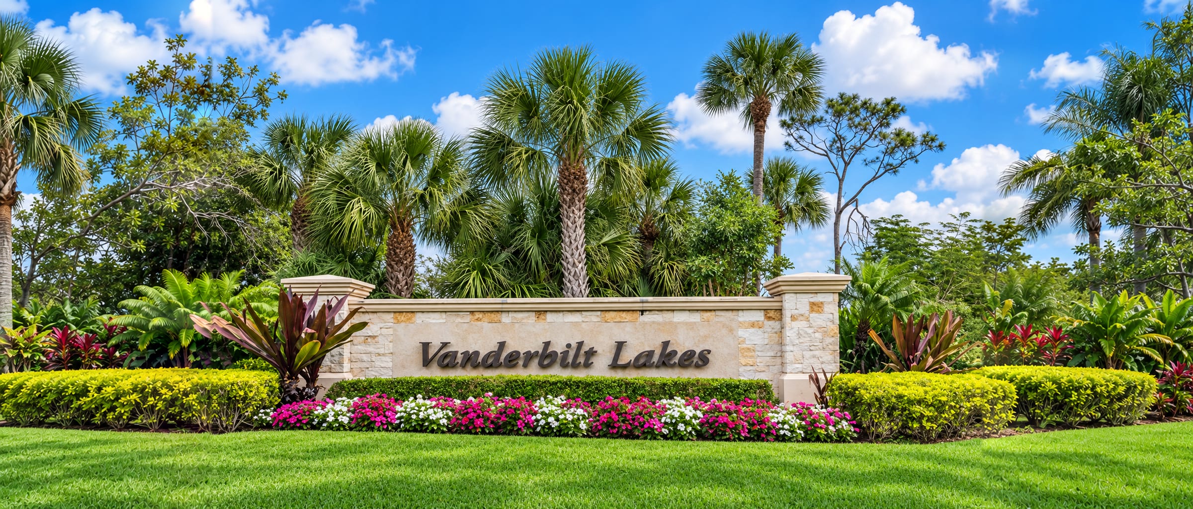 The entrance at Vanderbilt Lakes, a gated community in Bonita Springs, Florida, built around a lake.