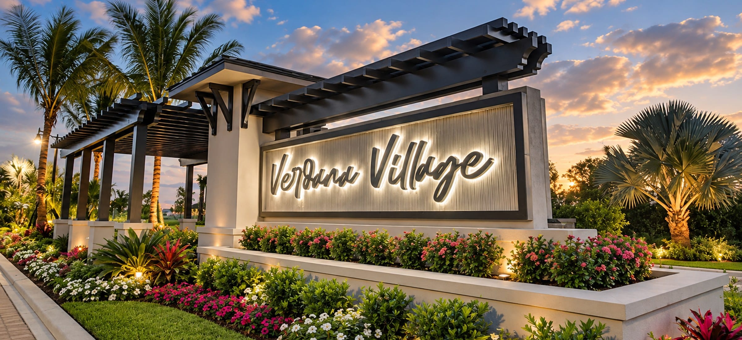 The entrance at Verdana Village, a gated community in Estero, Florida, built around a lake.