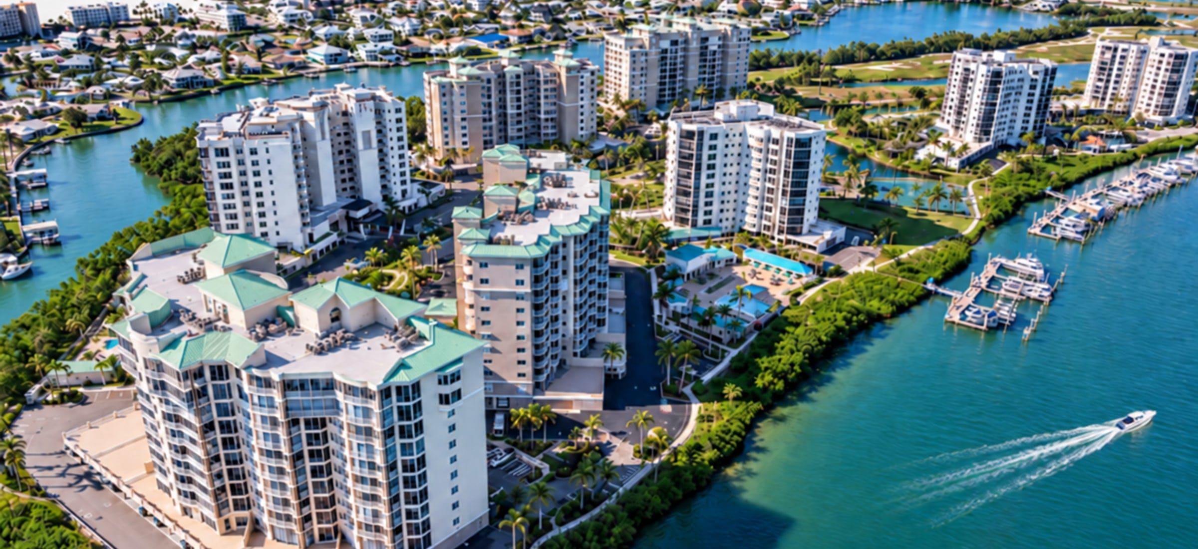 An aerial view of Waterside at Bay Beach on Fort Myers Beach, Florida: mid-rise condominium towers with green roofs on the south peninsula of Estero Island, pools and walkways between them, and docks along the bay with a boat under way in the channel.