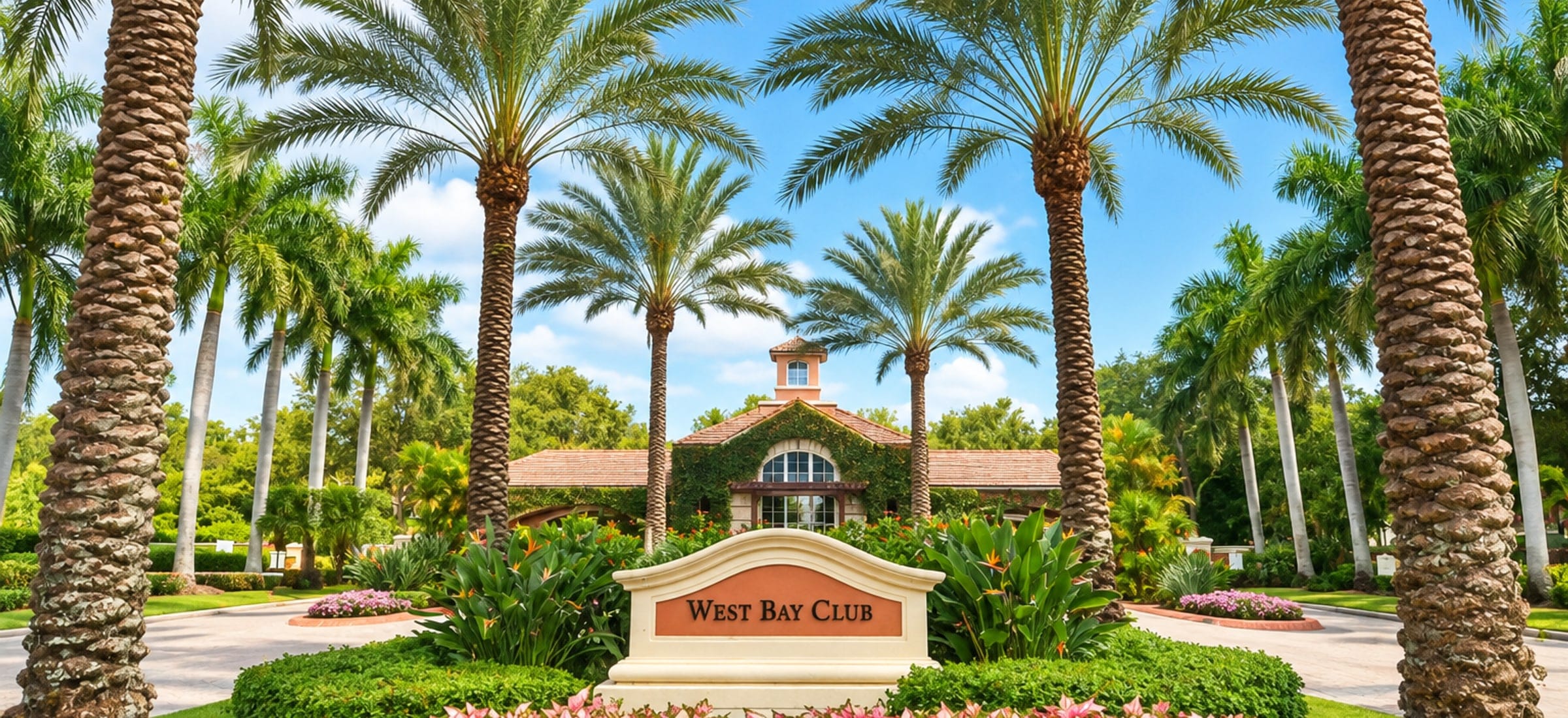 The entrance at West Bay Club, a gated golf community in Estero, Florida, with Gulf access by boat.